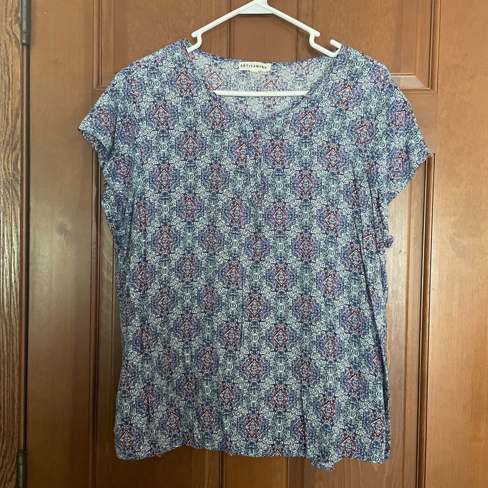 Artisan NU Red and Blue Women’s Sz 1X Blouse Short Sleeve Top